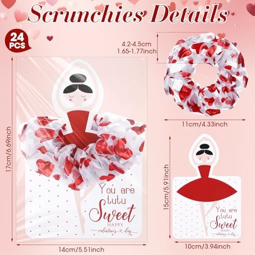 Lyrow 24 Sets Valentine's Day Scrunchies Ballerina Valentines Cards with Hair Accessories Red Gilding Headband Gymnastics Hair Ties Ballet Dancer Exchange Gifts for Girls Party Favors