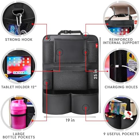 Helteko Backseat Car Organizer, Kick Mats Back Seat Protector with Touch Screen Tablet Holder, Back Seat Organizer for Kids with 9 Storage Pockets, Travel Accessories (2 Pack, Black)