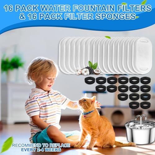 Cat Water Fountain Filters, 32 Pack Cat Fountain Replacement Filters for Stainless Steel 108oz/3.2L& 67oz/2L adjustable Water Flow Pet Water Fountain,Dog Water Fountain Filters（16 Filters& 16 Sponges)