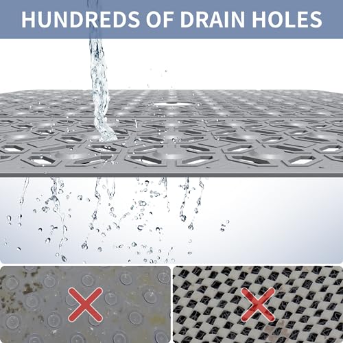 OTHWAY Square Shower Mat, 27"x 27"Extra Large Non Slip Shower Mat, Machine Washable TPE Shower Floor Mat with Suction Cups Drain Holes, Bathtub Mat for Elderly Kids Bathroom(D-Grey)