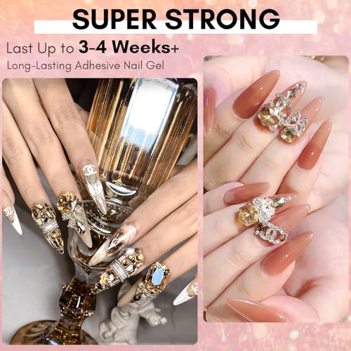Makartt Champagne Nail Rhinestone with Gel Nail Glue for Gems 15ML Strong Adhesive Nail Rhinestone Glue Round & 3D Shape Flatback Nail Crystal Diamond for Nail Charm Accessories Jewels Decoration