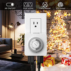 G-Homa Timer Outlet Electric Indoor with 2 Grounded Outlet,Plug-in 24-Hour Mechanical Timers,Daily On/Off Cycle,Energy Saving for Lamps, Seasonal, Christmas Lights and Holiday Decorations (2 Pack)
