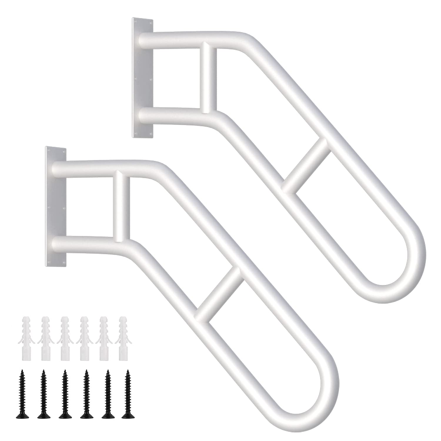 2 Pack Handrails for Outdoor Steps, Upgraded 27" Bent White Stair Handrails for Indoor or Outdoor, Wall Mounted Hand Stair Railings with Anti-Skid Crossbar, Safety for Elderly, Kids, Disabled