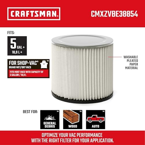 CRAFTSMAN CMXZVBE38854 General Purpose Wet Dry Vac Replacement Vacuum Filter for Most Shop-Vac Branded Shop Vacuums, Friction Fit Installation, Traps General Debris