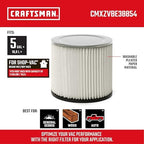 CRAFTSMAN CMXZVBE38854 General Purpose Wet Dry Vac Replacement Vacuum Filter for Most Shop-Vac Branded Shop Vacuums, Friction Fit Installation, Traps General Debris