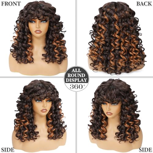 GKtineke-Curly-Wig-Highlights Big-Curly-Wigs-for-White-Black-Women 20 Inch- Long-Curly-Wig-with-Bangs Synthetic-Hair-Replacement-Wigs-for- Cosplay and Daily (Highlight)