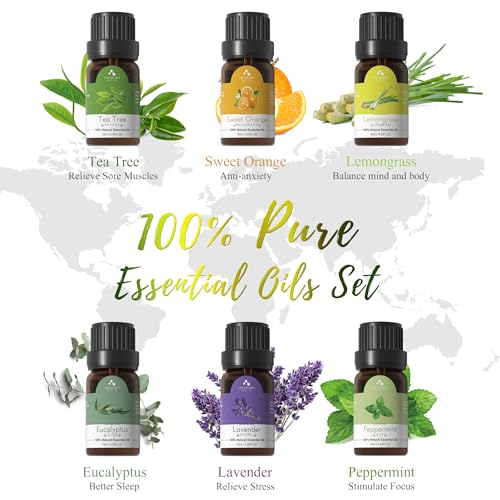 ASAKUKI Essential Oil Diffuser with Essential Oils Set, 500ml Aromatherapy Diffuser - 14 LED Colors & Auto Shut-Off, Top 6 Essential Oils - Lavender Eucalyptus Tea Tree Orange Peppermint Lemongrass