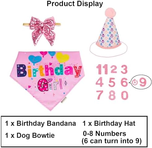 ADOGGYGO Dog Birthday Party Supplies, Boy Girl Dog Birthday Hat with Numbers Dog Pet Birthday Bandana Hat Bow Set for Large and Extra Large Dogs (X-Large, Pink)