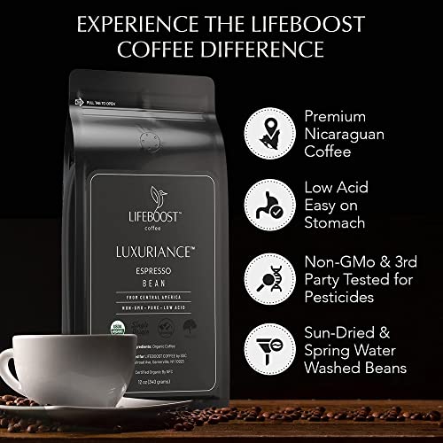 Lifeboost Coffee Espresso Whole Beans Coffee - Low Acid Single Origin USDA Organic Coffee - Non-GMO Espresso Coffee Third Party Tested For Mycotoxins & Pesticides (Espresso Whole Bean 12oz x 3 pack)