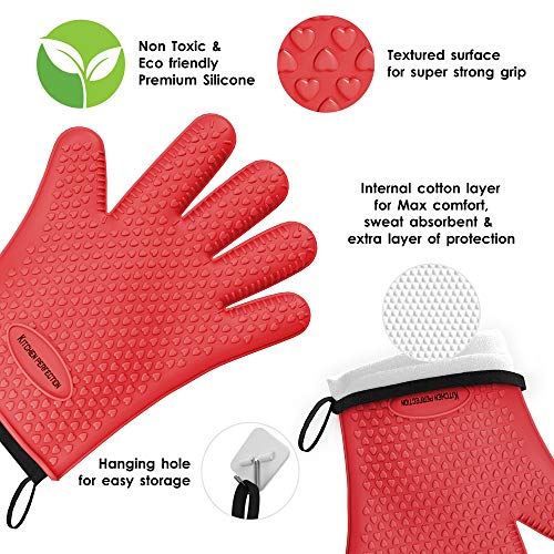 KITCHEN PERFECTION Silicone Smoker Oven Gloves -Extreme Heat Resistant BBQ Gloves -Handle Hot Food Right on Your Grill Fryer&Pit|Waterproof Grilling Cooking Baking Mitts|Superior Value Set +3 Bonuses