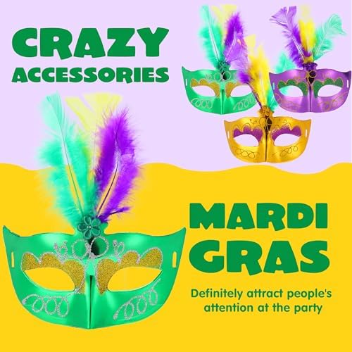 JOYIN 12 Pcs Mardi Gras Feather Masks, Carnival Masquerade Masks Bulk, Mardi Gras Costume Dress Up Accessories for Women, Men & Kids Outfit