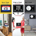 3 Colors Extra Large Impaired Vision Digital Clock with Day and Date for Elderly Calendar Day Clock Auto Dimmable Clock with Non-Abbreviated Year & Month Alarm Clock (7 inch Black)