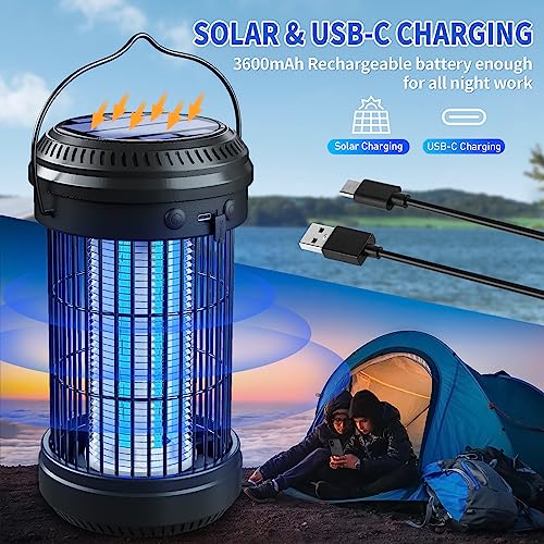 Solar Bug Zapper Outdoor, Electric Mosquito Zapper with 3600mAh Rechargeable Battery for Home, Backyard, Camping, 4200V High Powered 3 in 1 Fly Insect Killer for Mosquitoes, Gnats, Flies, Moths