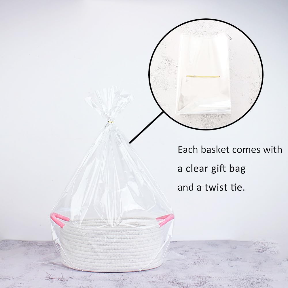 Yimi's Dream Baskets for Gifts Empty, Small Storage Baskets for Shelf, Decorative White Woven Baskets with Pink Handle for Mom, Nursery, Baby Shower, Christmas(Oval, 12"x 8"x 5")