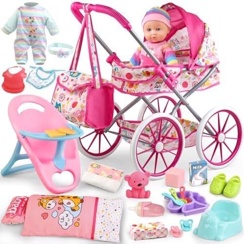 Baby Doll Stroller Toys Set with 12.5" Baby Doll,Dining Chair,Quilt Pillow,24 PCS Baby Doll Accessories and 2 Sets Doll Clothes,Baby Stroller Toys for Girls Toddlers 3-5 4-6 Gifts for Pretend Play
