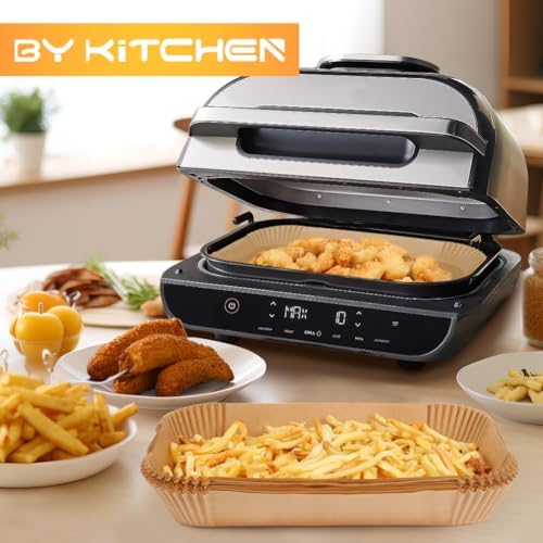 BYKITCHEN Air Fryer Liners for Ninja FG551/DG551/IG651 Foodi Smart XL Indoor Grill, Set of 100, Rectangle Air Fryer Parchment Paper Liners for Ninja XL Grill Air Fryer, Ninja Foodi Grill Accessories