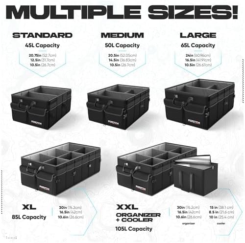 FORTEM Car Trunk Organizer, Collapsible Multi Compartment SUV Organizer, Foldable Storage for Car Accessories for Women Men, 600D Oxford, Non Slip Bottom, Securing Straps, Soft Cover (50L)