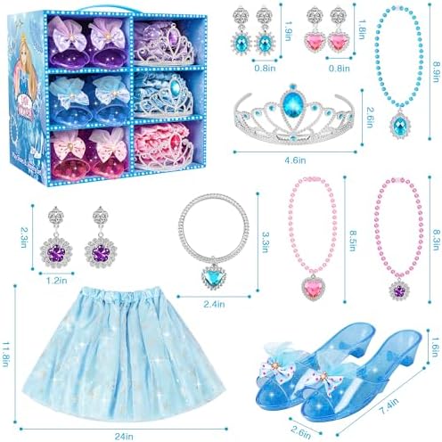 Princess Dress Up Toys & Jewelry Boutique, Costumes Set incl Color Skirts, Shoes, Crowns, Accessories, Girls Role Play Gift for 3 4 5 6 Year old Girl Toddler B-day Party Favors