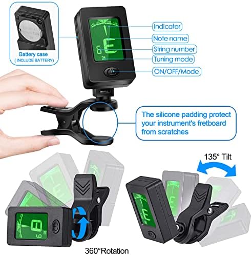 Guitar Tuner, Guitar Accessories with Guitar Picks, Guitar Capo, Capo for Acoustic Guitar, Bass, Buzzing-Free, Quick Release, Guitar Tuner Clip on for Guitar, Violin, Bass, Ukulele Chromatic