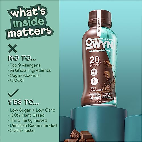 OWYN Only What You Need Vegan Protein Shake, 20g Plant Based Protein from Organic Pumpkin seed, Organic Flax oil, Pea, Prebiotics, Gluten and Soy Free (Dark Chocolate, 24 Pack)