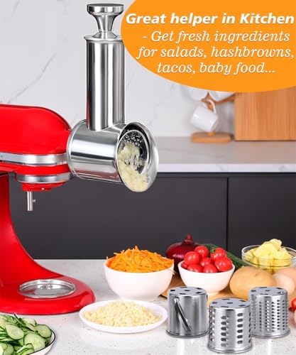 Stainless Steel Slicer Shredder Attachment for KitchenAid Mixers, Large Salad Maker,Cheese Grater Accessories with 4 Thick Blades,Dishwasher Safe