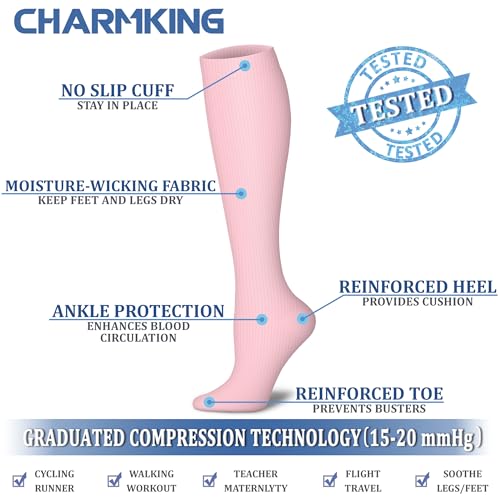 CHARMKING Compression Socks for Women & Men Circulation 8 Pairs 15-20 mmHg is BEST Graduated for Nurses, Support, Athletics, Cycling, Running, Flight Travel, Pregnancy Boost Performance(Multi 46,L/XL)