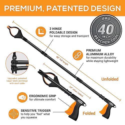 EZPIK 40" long extended grabber reacher tool for elderly - trash hand grabber pickup sticks for seniors - telescoping extension grabber claw pickup tool - hand extension magnetic folding grabber 2pack