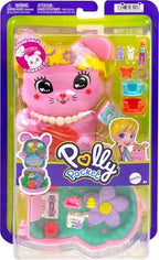 Polly Pocket Dolls and Playset, Tea Party Bunny Compact, Travel Toy with 1 Micro Doll, Pet Bunnies, Food & Fashion Styling Accessories