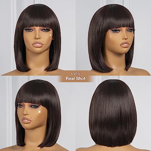 ToyoTress Short Bob Wigs With Bangs - 12 Inch Light Brown Yaki Straight Hair Daily Costume Wig For Black Women, Soft Light Synthetic Hair Replacement Wigs Heat Resistant (12 Inch, #4-612H)