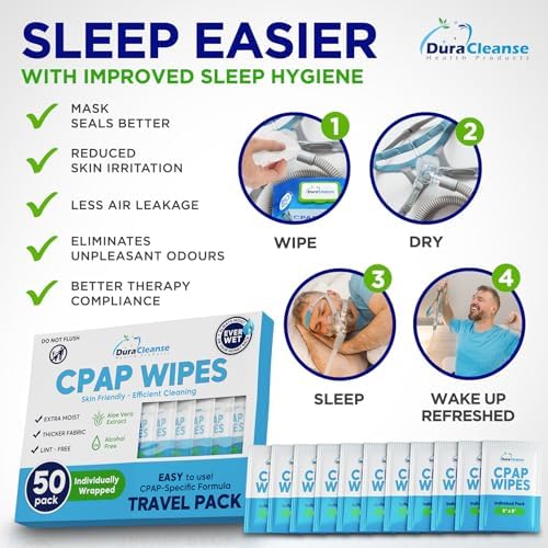 Sleep Mask Wipes - 50 Count Travel Wipes - DuraCleanse Extra Large, Extra Moist Cleaning Wipes for Full Face, Nasal Masks - Unscented Cleaner for Sleep Machine, Supplies and Accessories