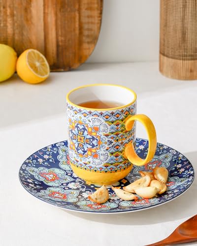 HENXFEN LEAD Coffee Mugs Set 14 Ounce - Multicolor Porcelain Cups for Latte, Hot Tea, Cappuccino, Cocoa, Soup, Dishwasher, Microwave Safe, Christmas Gift Set of 6 - Bohemian Style