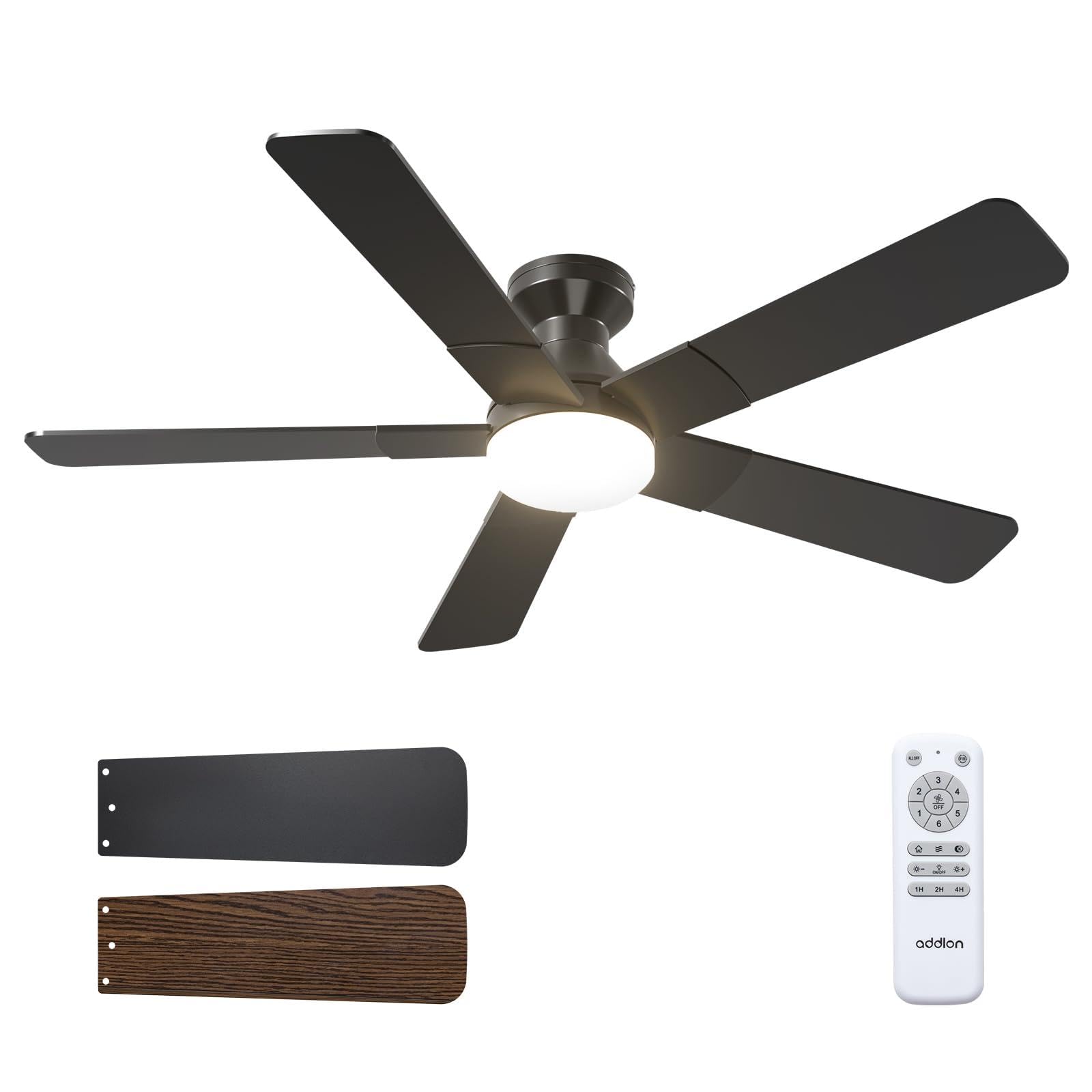 addlon Ceiling Fans with Lights, 52 inch Low Profile Ceiling fan with Light and Remote Control, Flush Mount, Reversible, 3CCT, Dimmable, Noiseless, Black Ceiling Fan for Bedroom, Indoor/Outdoor Use