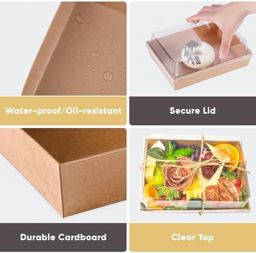 50 Pack 7x5 Charcuterie Boxes with Clear Lids - To Go Paper Charcuterie Board with Lid, Disposable Food Containers for Desserts, Cookie, Food, Chocolate Strawberry, Charcuterie Accessories