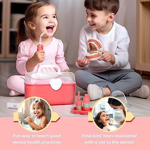 Dentist Kit for Kids with Pretend Teeth, Dental Accessories and Dress Up Costume - Kids Dentist Kit Play Set - Pretend Play Gift for Kids Toddlers Ages 3 4 5 6 Year Old for Role Play