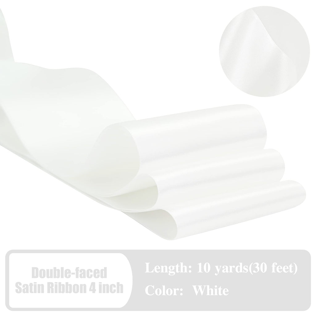 HUIHUANG White Satin Ribbon 4 inch Wide Double Faced Polyester Large Ribbon for Chair Sash Wedding Party Supplies Cake Decor Bows Making Flower Bouquet Sewing Crafts Gift Wrapping -10 Yards/Roll