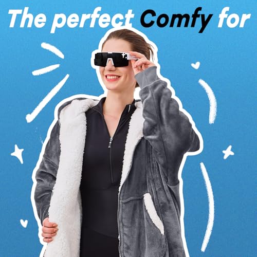 JOYWOO Wearable Blanket Hoodie, Birthday Christmas Gifts for Women Men Mom, Oversized Hooded Blanket for Adult, Cozy Fuzzy Sherpa Sweatshirt Blanket with Giant Pocket Zipper and Winter Gifts, Grey