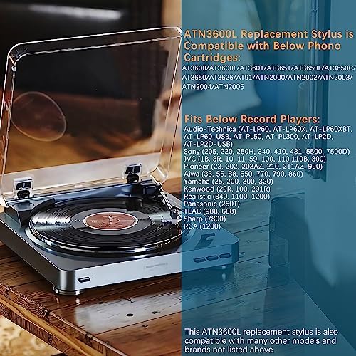 ATN3600L Diamond Record Player Needle Stylus Replacement for Audio-Technica AT-LP60X, AT-LP60XBT, and AT-LP60XBT-USB Vinyl Record Player