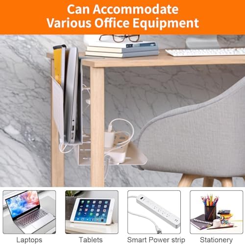 LUKETURE Desk Side Storage, Laptop Holder with Cable Management Tray, 2 in 1 Steel Under Desk Laptop Mount, Table Organization, Space Saving Table Accessories for Office and Home (White)