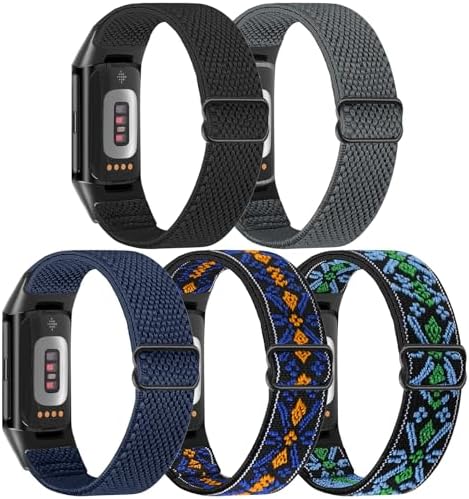 5 Pack Elastic Nylon Watch Bands Compatible for Fitbit Charge 6/Fitbit Charge 5, Adjustable Breathable Replacement Stretchy Nylon Loop Wristband Sport Strap for Women Men