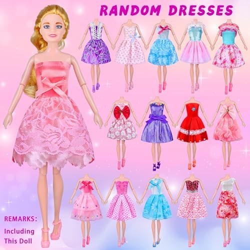 79 Pcs Doll Clothes and Accessories with Doll, Princess Gowns, Fashion Dresses, Slip Dresses, Top, Pants, Jumpsuit, Swimsuits, Shoes, Hangers, Doll Dress up Toys for Girls Kids Toddlers Toy Gifts