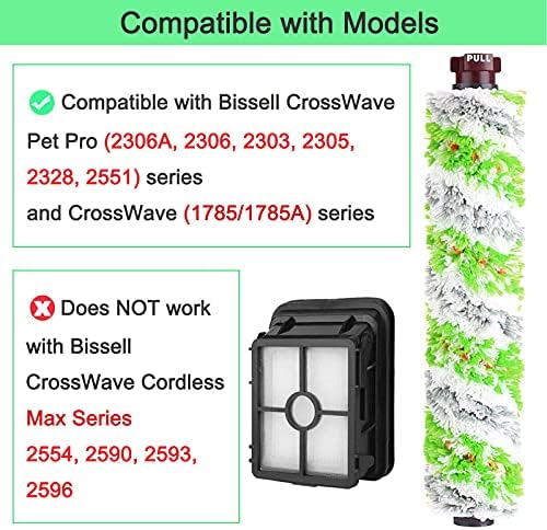 6 Pack Replacement Parts for bissell CrossWave Pet Pro 2306A & CrossWave 1785 Series 3888A Vacuum Cleaner, 3 Pack 2460 Brush Rolls,3 Pack 1866 Filters,Compare to Part 1613568&161-3568,1608684