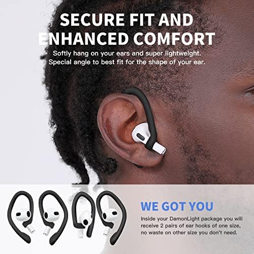 DamonLight Ear Hooks 2 Pairs for AirPods Pro 2 & 1, AirPods 4 & 3, Anti-Slip Comfortable Fit, Ergonomic Design, Accessories (Medium, Black)