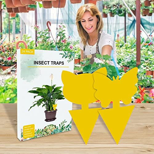24 Pack Sticky Traps for Indoor Outdoor Natural Pest Control, Fruit Fly Trap and Fungus Gnat Traps for House Plants, Whitefly, Mosquito Bits, Flying Insects, Fly Traps Save Your Plants (Yellow)