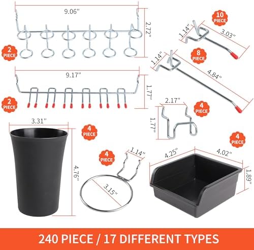 240PCS Pegboard Hooks Assortment, Pegboard Accessories Organizer Kit with Pegboard Bins, Pegboard Cups, 1/8 and 1/4 inch Peg Board Hooks for Hanging Tools, Garage Pegboard Wall Organization