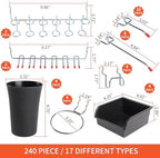 240PCS Pegboard Hooks Assortment, Pegboard Accessories Organizer Kit with Pegboard Bins, Pegboard Cups, 1/8 and 1/4 inch Peg Board Hooks for Hanging Tools, Garage Pegboard Wall Organization
