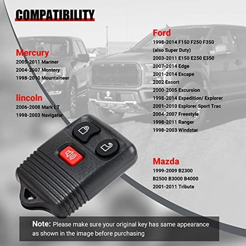 2 Replacement Keyless Entry Remote Key Fob Clicker Transmitter Compatible with Ford 1998-2016 F-150 F-250 F-350, Mazda, Mercury, Lincoln - 3 Button