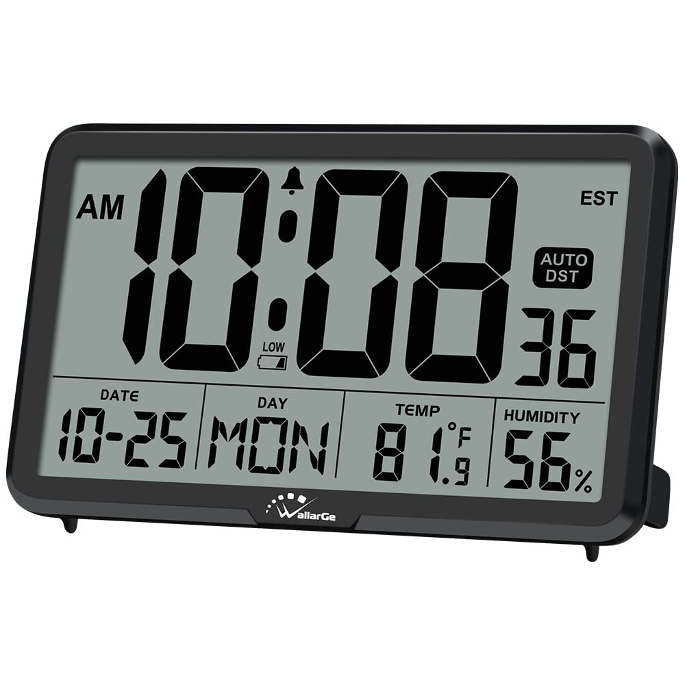 WallarGe Auto Set Digital Wall Clock Battery Operated, Desk Clocks with Temperature, Humidity and Date, Large Display Digital Calendar Alarm Clock for Elderly, Bedroom, Office, 8 Time Zone, Auto DST.