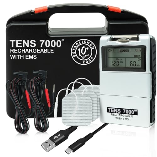 TENS 7000 Rechargeable Tens Unit Muscle Stimulator, EMS Muscle Stimulator, Back Pain Relief, 4 Electrodes/Unit Pads, Period Pain Simulator, Muscle Recovery & Growth, Stim Machine, Electrotherapy