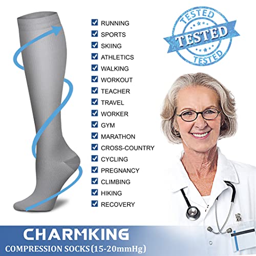 CHARMKING Compression Socks for Women & Men (8 Pairs) 15-20 mmHg Graduated Copper Support Socks are Best for Pregnant, Nurses - Boost Performance, Circulation, Knee High & Wide Calf (L/XL, Multi 43)