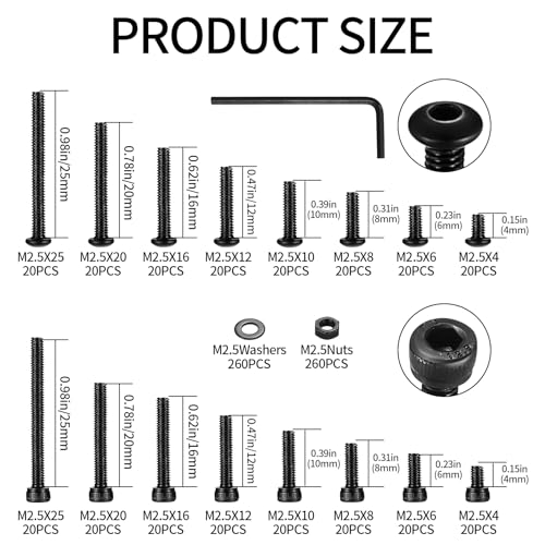 840 Pcs M2.5 Small Metric Screws with Nuts, Hex Socket Head Cap and Nut Assortment Kits, Carbon Steel Replacement Machine Fastener Screws and Bolts Nuts (M2.5 840 Black)